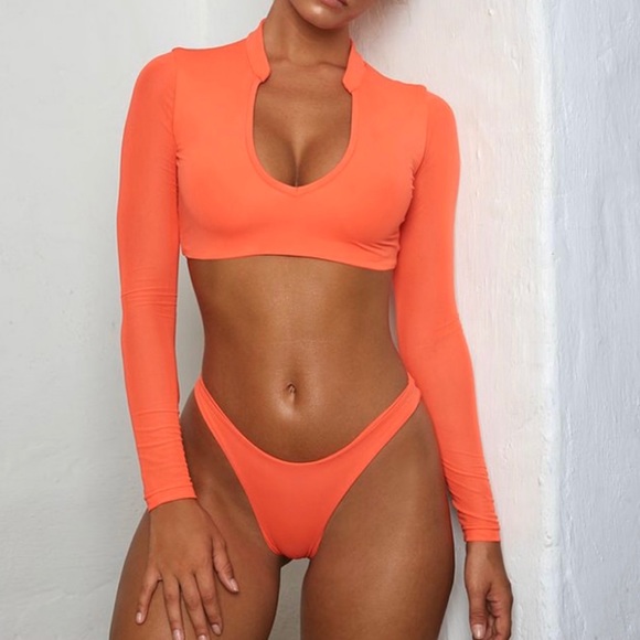 Orange mesh long sleeve cheeky bikini - Picture 2 of 2